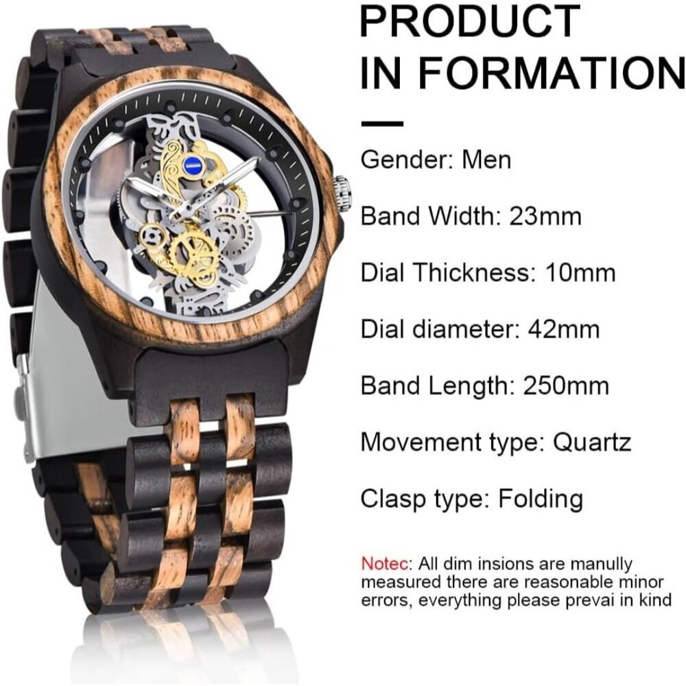 Men's Black Brown Lightweight Wooden Analog Quartz Deployment Closure Watches - Picture 5 of 8